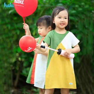 Váy bé gái linen cộc tay phối tam giác HK509, đầm hè thiết kế cho bé 10-27kg HAKI