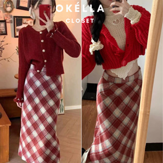 Chân váy dạ dài sọc caro 2 LỚP xẻ sau, chân váy lưng cao CẠP KHÓA nhiều màu Okélla (váy 2 lớp)