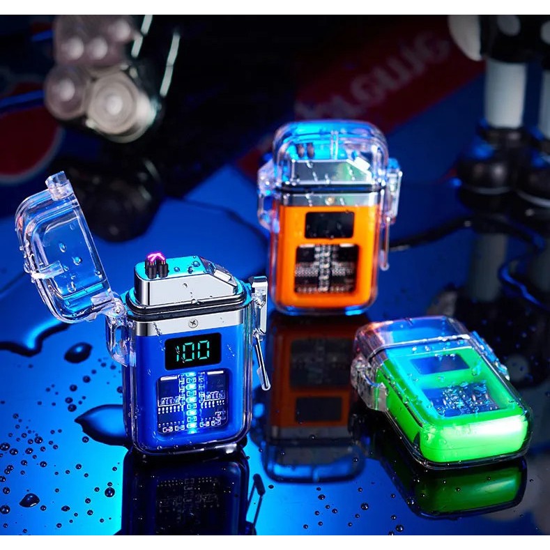 Quẹt Điện Plasma Chống Nước Chống Gió Vỏ Trong Suốt Có Màn Hình Hiển Thị Pin.
