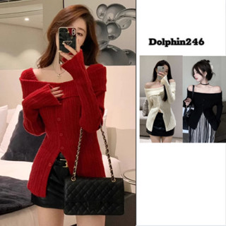 Áo len kiểu trễ hở bẹt vai sexy dài tay áo dệt kim nữ chất mongtoghi thiết kế đính cúc giữa xẻ tà chất len tăm M126 N-10