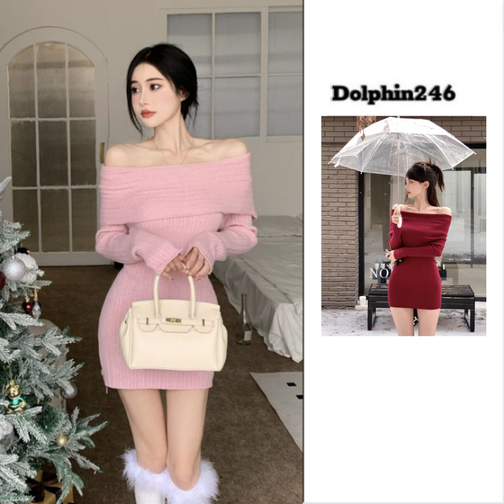 Đầm dệt kim Váy len dài tay hở vai bẹt vai len gân Quảng Châu dáng ôm body thời trang sành điệu cho nữ M320 CT-25.4
