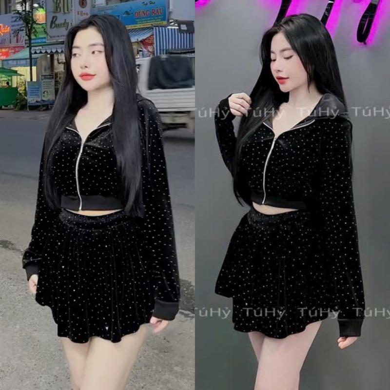 Set Bộ Nhung Kim Tuyến Sịn Áo Khoá Kéo Nón TAI THỎ + Quần Short Xoè Chất liệu : - nhung kim tuyến sịn
