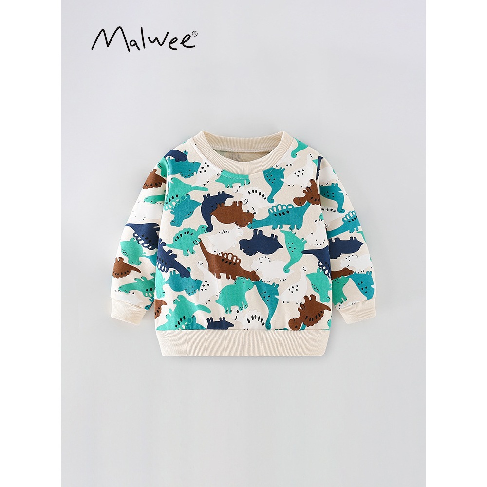 Mã 8678 áo nỉ bé trai Malwee màu be in hình khủng long sắc nét, tinh tế, phong cách Âu Mỹ