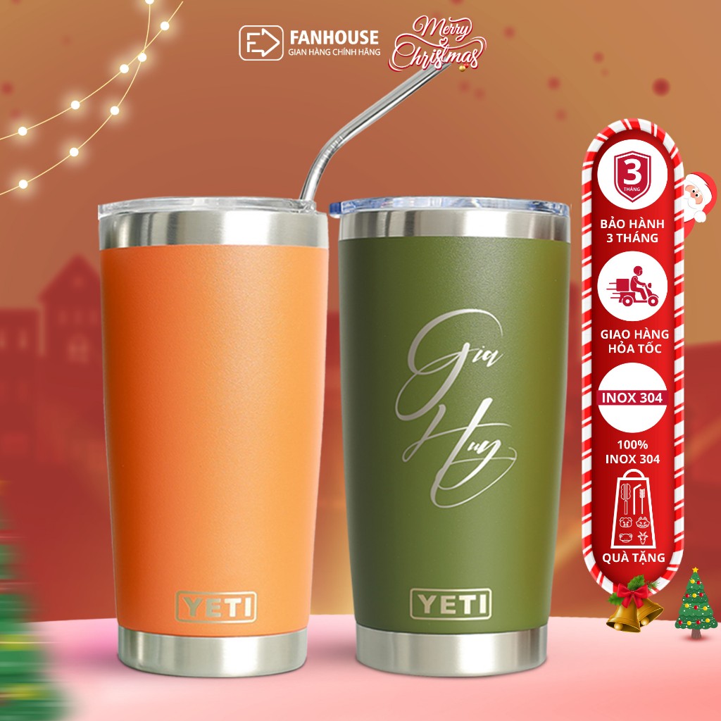 Cốc giữ nhiệt Yeti 18oz khắc tên ly giữ nhiệt 550ml có nắp vỏ sơn tĩnh điện chống xước Fan House tặng ống hút, sticker