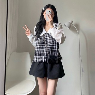Áo sơ mi kiểu nữ, Áo sơ mi cổ đức phối gile dạ kẻ tweed tiểu thư xinh xắn