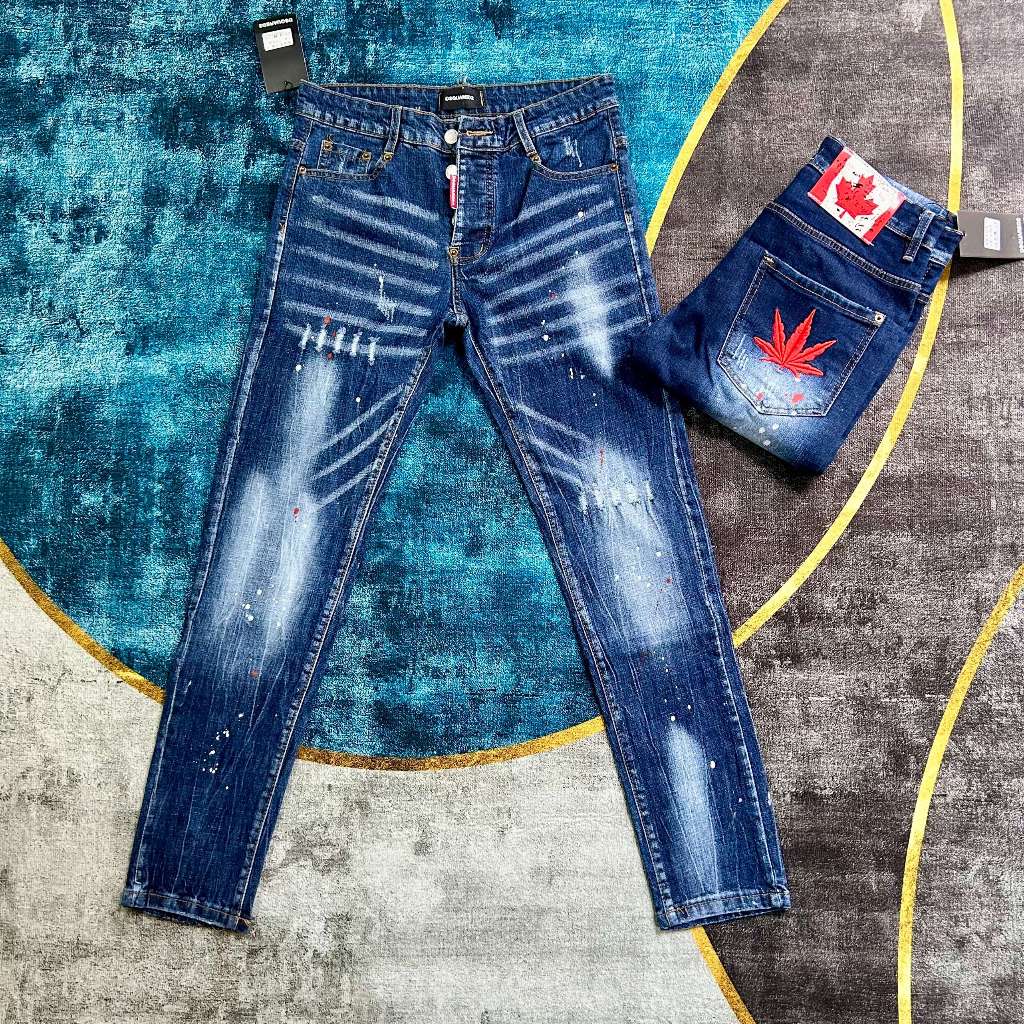 Quần Jean Nam DSQ Xanh Thêu Lá Phong Đỏ Túi Hậu Siêu Hot Quần Bò Nam Lá Phong Đỏ Loang Xước Nhẹ