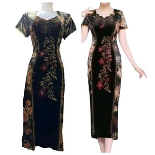 Đầm trung niên đi tiệc kiểu sườn xám nhung cao cấp, Sườn xám nhung trung niên phối màu tôn dáng giấu bụng