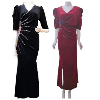 Đầm dạ hội trung niên nhung cổ đắp nhún eo đá xẻ tà, Sườn xám trung niên vải nhung xẻ tà nhún eo gọn bụng