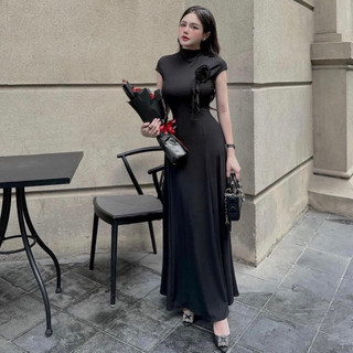 Đầm cổ lọ, đầm body dáng dài maxi tay con hoa ngực form xoè - Colory Shop