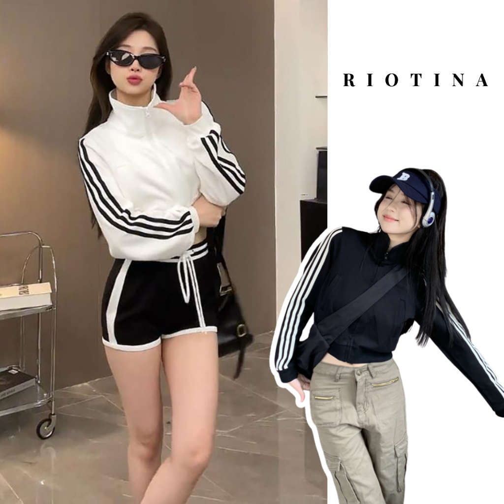 Áo khoác croptop nữ RIOTINA khóa zip dáng ôm body, áo khoác nữ kẻ sọc dáng ngắn siêu xinh phong cách hàn quốc A007