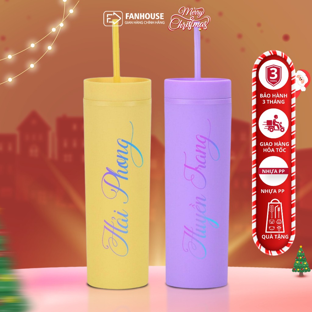 Bình nước pastel 2 lớp chất liệu PP cao cấp BPA Free cách nhiệt 2-3h Fan House decal tên, tặng ống hút,n