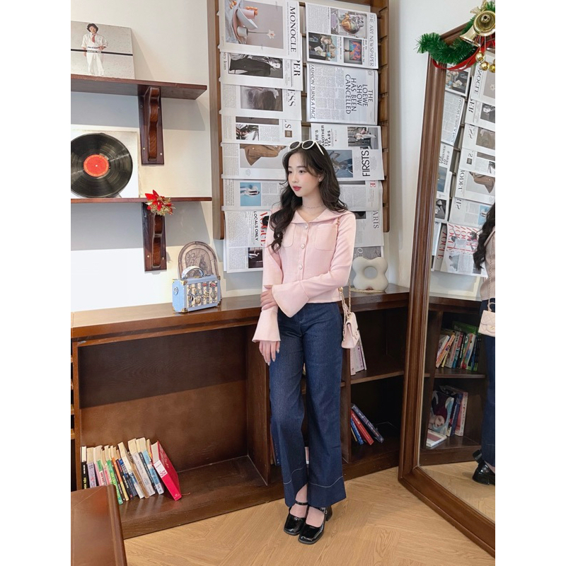 Áo dạ tex baby pink x quần jean kaki Jessi