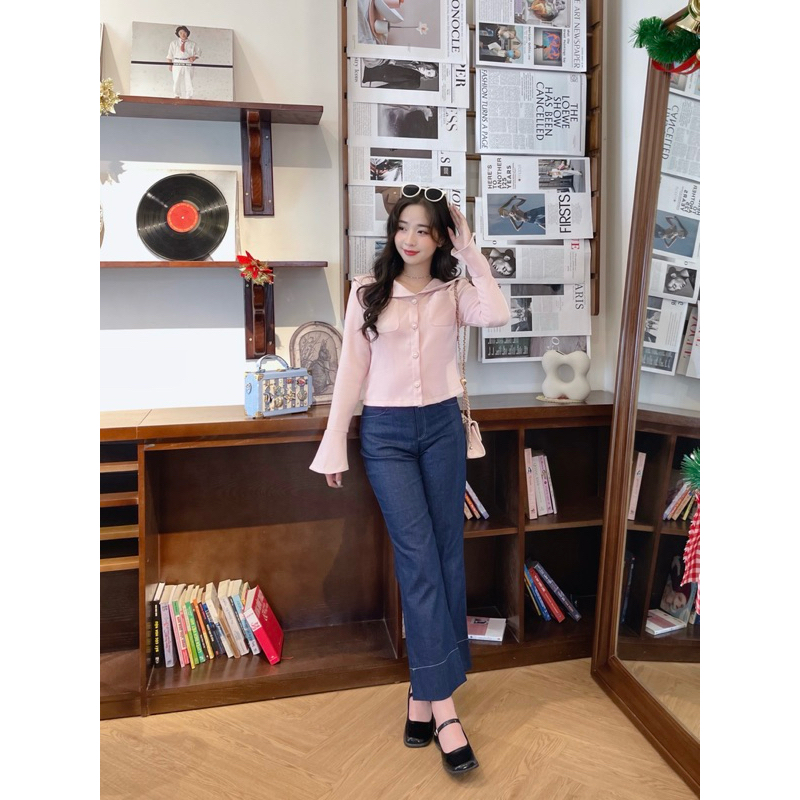 Áo dạ tex baby pink x quần jean kaki Jessi