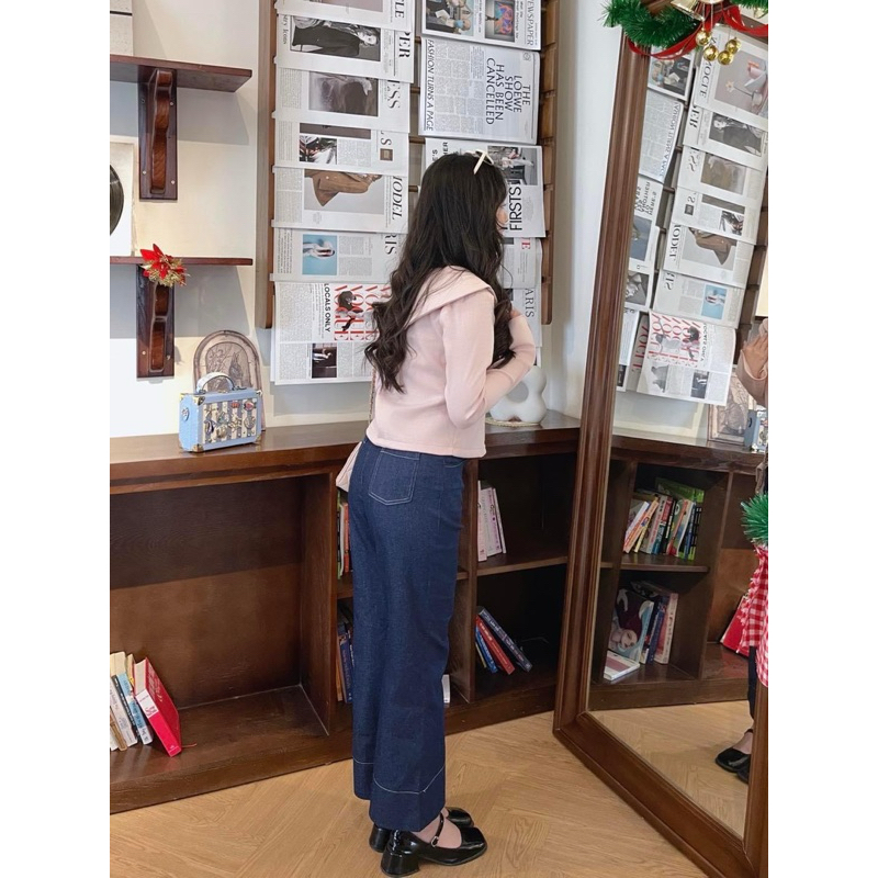 Áo dạ tex baby pink x quần jean kaki Jessi