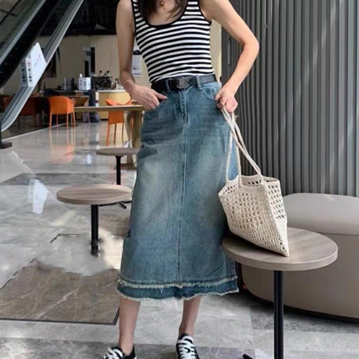 Chân váy jean dài KABICO midi phong cách thanh lịch, chân váy dài tua gấu cạp cao tôn dáng A26_11