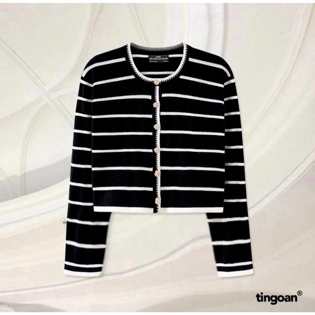 TINGOAN® - Áo len xù mỏng cổ tròn bện viền kẻ ngang ĐEN