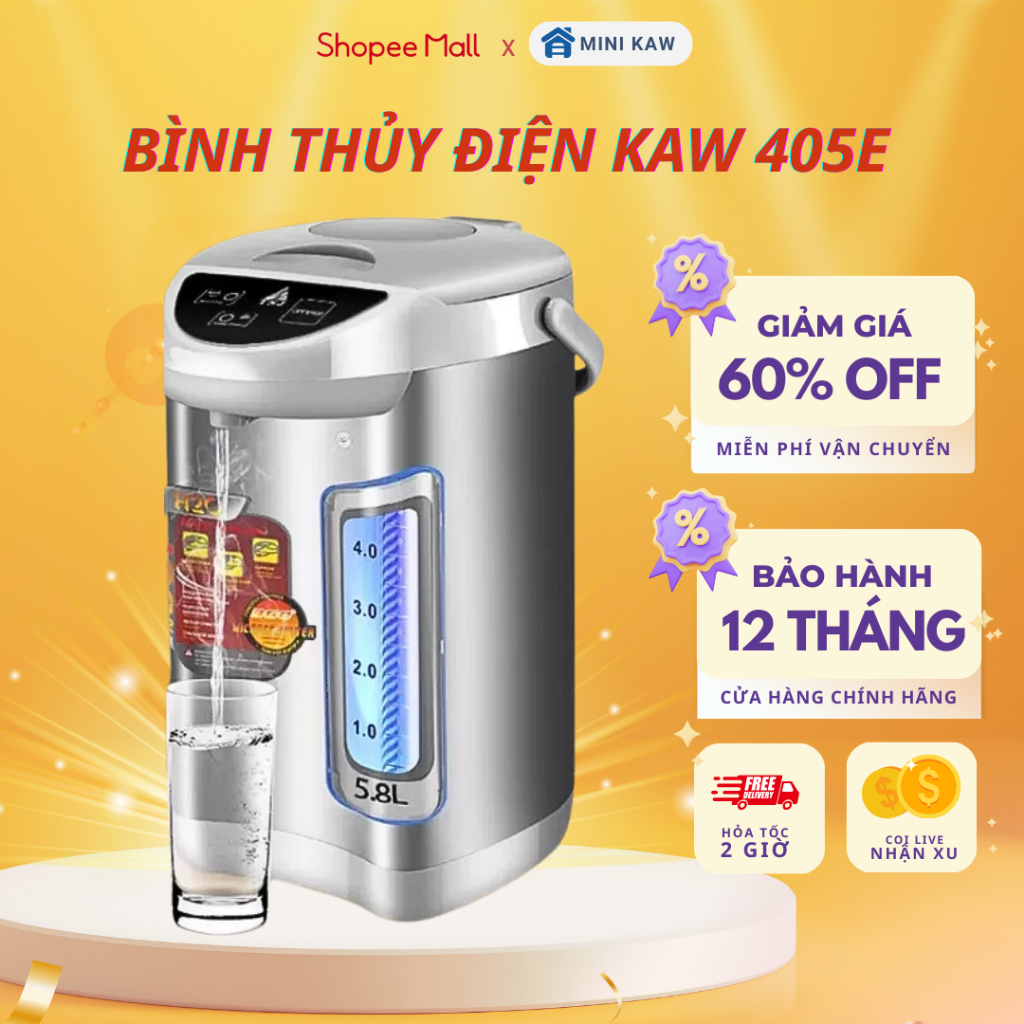 Bình Thủy Điện Đun Nước Nóng Chính Hãng KAW Công Suất 750W, Dung Tích 5.8L, An Toàn Sử Dụng