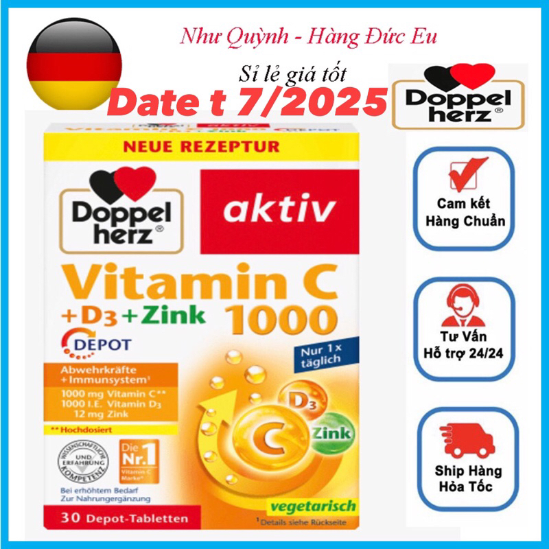 [ Đủ Bill ]Viên uống bổ sung vitamin C và viamin D Doppel herz Hàng Đức hộp 30v