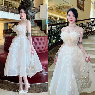 Váy cưới cup ngực kim tuyến đính hoa lông vũ xoè công chúa cho cô dâu dự tiệc v441 ađ boutique