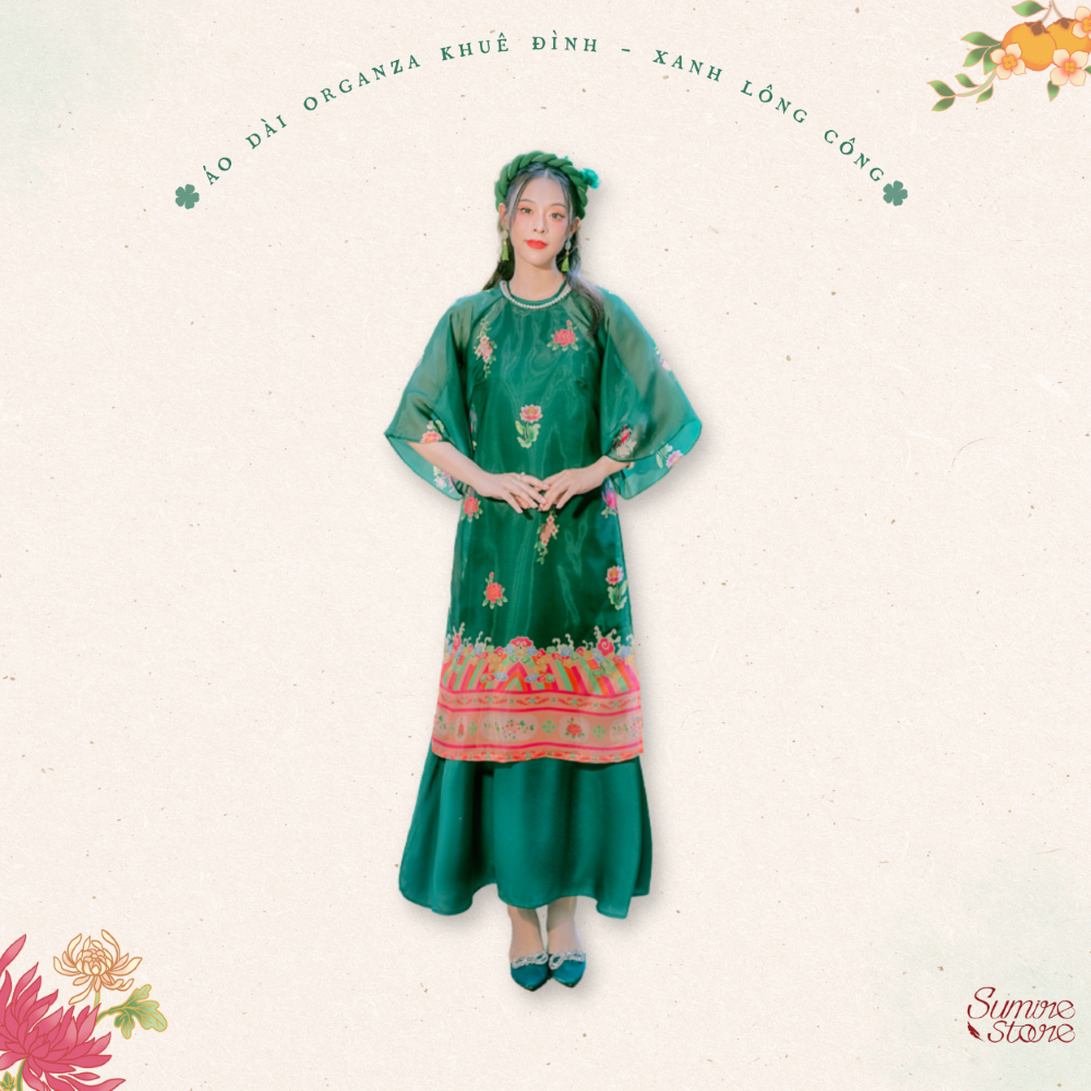 Sumire Store Áo dài Organza Khuê Đình - Xanh lông công - Freesize (Chỉ lớp ngoài)