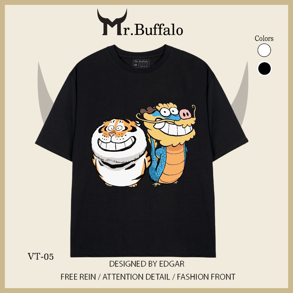 Áo thun tay lỡ Hổ rồng cười, long tranh hổ đấu cute Mr.Buffalo