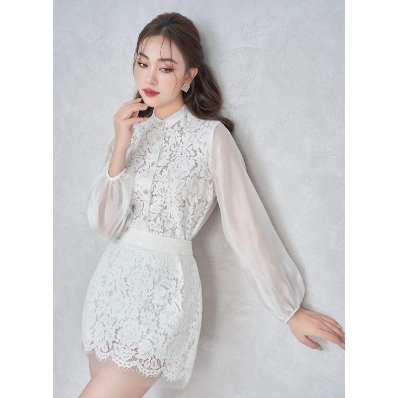 Sét Váy Ren Khoang phối Tơ Sang Trọng Và Xinh Xắn - Van's Dress