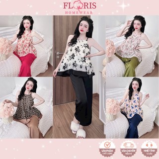 Đồ bộ yếm voan 2 dây mềm mát phối lụa latin mịn quần dài floris homewear mặc nhà