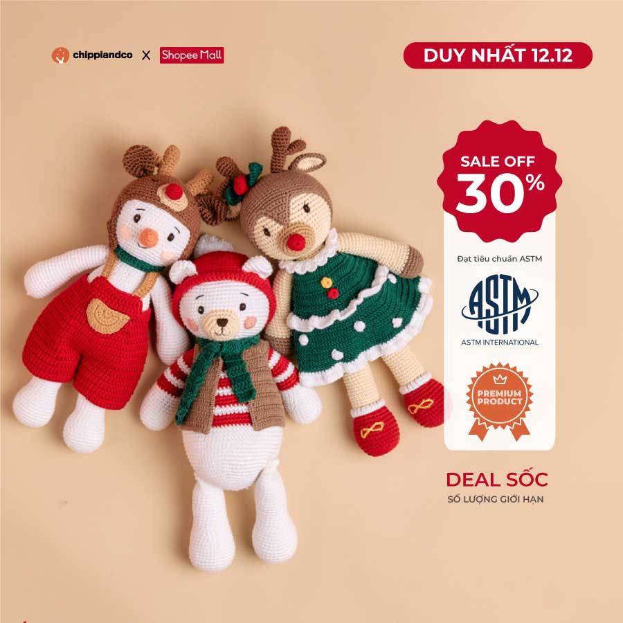 Thú nhồi bông cao cấp Gấu bông Noel Giáng Sinh CHIPPIANDCO Tuần lộc Rudolph, Gấu trăng Pam, Người tuyết Lava  30 cm