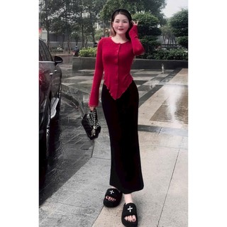 Set áo vạt nhọn tay loe phối khuy + Chân váy đuôi cá xinh xắn - len gân