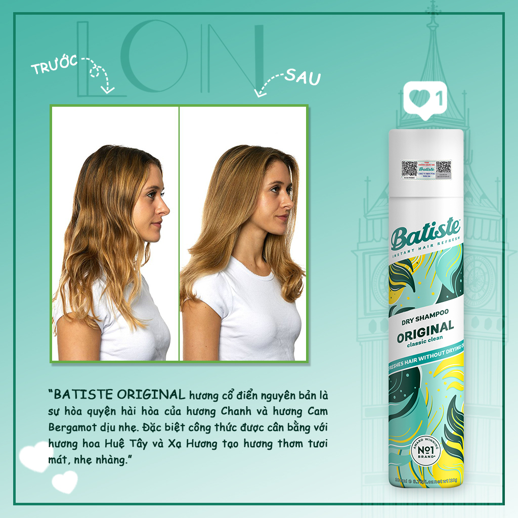 Dầu Gội Khô Batiste Dry Shampoo 200ml Hết Ngứa, Hết Bết Dính Tóc Bồng Bềnh Tức Thì