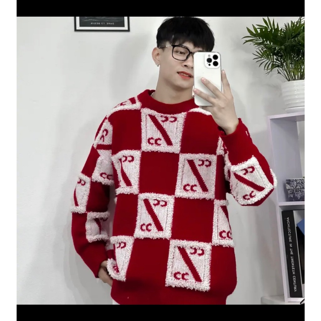 Áo Sweater Len Cổ Tròn Kẻ Caro Hàng QC Cao Cấp - Áo Len Thêu Chữ CC Nam Nữ Lông Xù Phong Cách Hàn Quốc