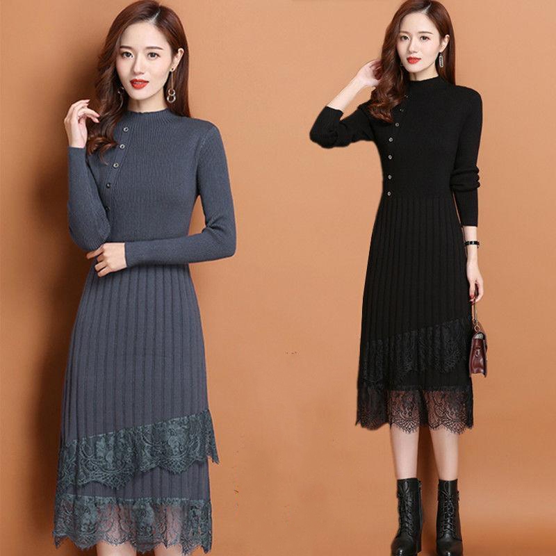 Váy Len Nữ Dài Tay Cổ Lọ Cao, Váy Đầm Nữ Đẹp Dự Tiệc, Công Sở, Đi Chơi - Hàng Quảng Châu