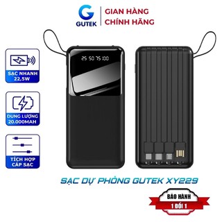 Sạc dự phòng 20000mAh mini nhỏ gọn pin dung lượng lớn tích hợp dây sạc nhanh cho nhiều điện thoại - Gutek XY229