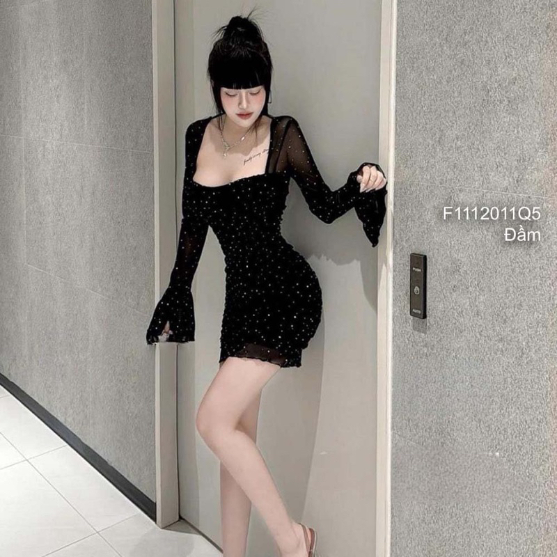 Đầm body lưới đính hạt, váy cổ vuông tay dài loe cá tính VIENS STORE