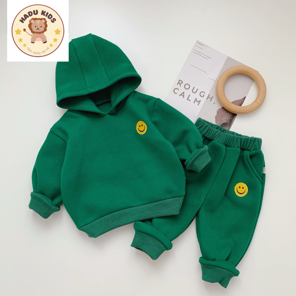 Bộ nỉ bông bé trai bé gái, bộ thu đông cho bé thêu MẶT CƯỜI có MŨ,nỉ bông XỊN không xù, đường may đẹp- HADU KIDS 11-27kg