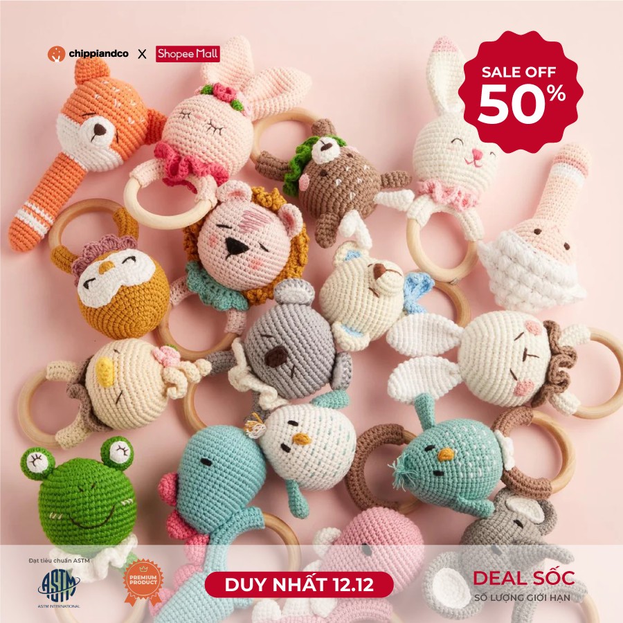 Đồ chơi lục lạc xúc xắc ngậm nướu CHIPPIANDCO Động vật ngộ nghĩnh cho bé