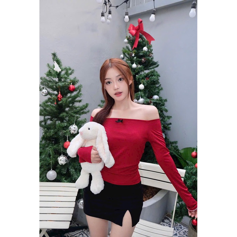 Áo dài tay trễ bẹt vai body mặc noel tết