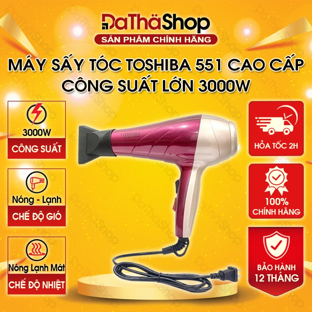 Máy Sấy Tóc TOSHIBA 551 Công Suất Lớn 3000W 3 Chế Độ Nóng Lạnh Mát (tặng kèm đầu thổi) - Hàng Chính Hãng