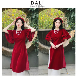 Áo Dài Cách Tân Tay Loe Chất Liệu Nhung Đỏ Kèm Quần, Set Áo Dài Mặc Tết Tiểu Thư Sang Chảnh
