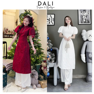 Áo Dài Cách Tân Tay Bồng Chất Liệu Gấm Xốp Kèm Quần, Set Áo Dài Mặc Tết Tiểu Thư Sang Chảnh