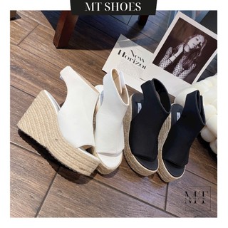  Giày xuồng nữ phối đế cói cao 12cm quai dán thời trang Sandal cao gót nữ form chuẩn đẹp siêu tôn dáng MT Shoes 
