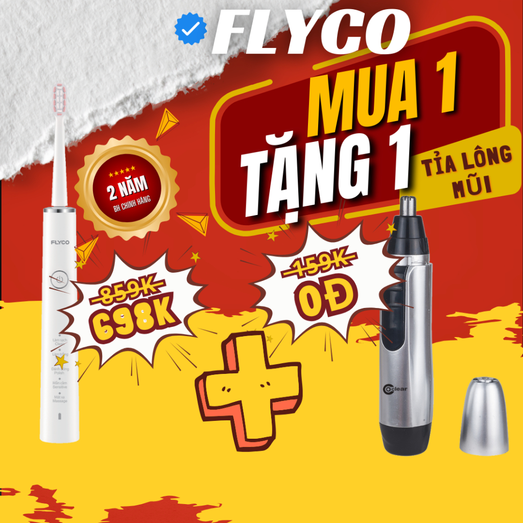 [Tặng Máy Tỉa Lông Mũi] Bàn Chải Sóng Âm Điện Flyco FT7108VN Kháng Nước IPX7 5 Chế Độ Làm Sạch - Hàng Chính Hãng