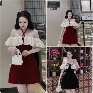 Váy nhung trễ vai bèo vai chéo cổ phối von