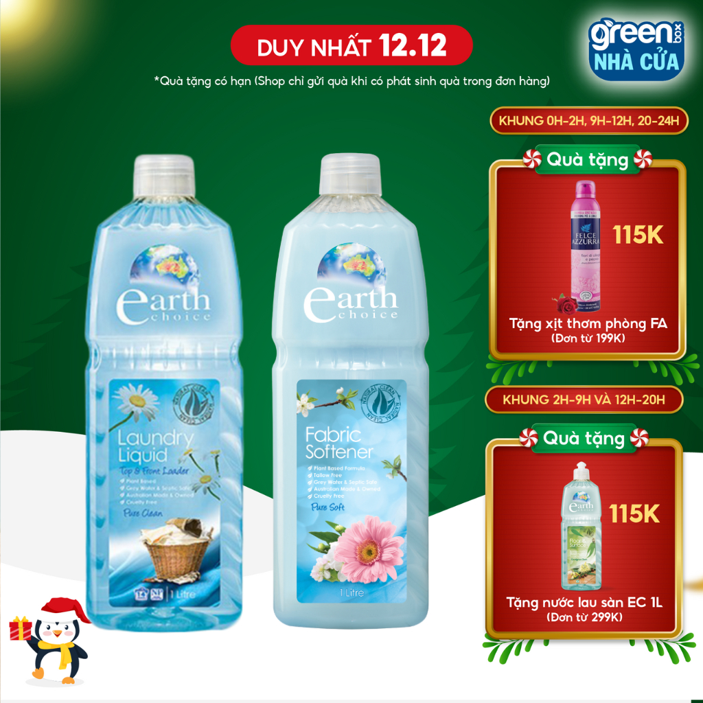 Combo giặt xả EARTH CHOICE Phù Hợp Với Chất Vải Thường, Chiết Xuất Thực Vật An Toàn Với Cả Quần Áo Bé Và Đồ Lót