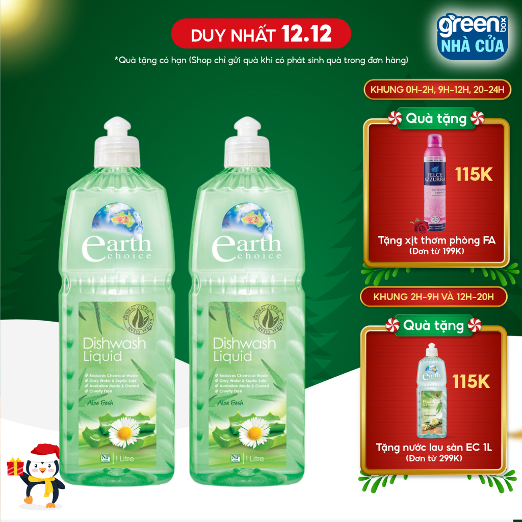 Combo 2 Nước Rửa Chén EARTH CHOICE An Toàn Với Cả Đồ Dùng Ăn Uống Của Bé, Không Khô Da Tay Chiết Xuất Nha Đam 1L