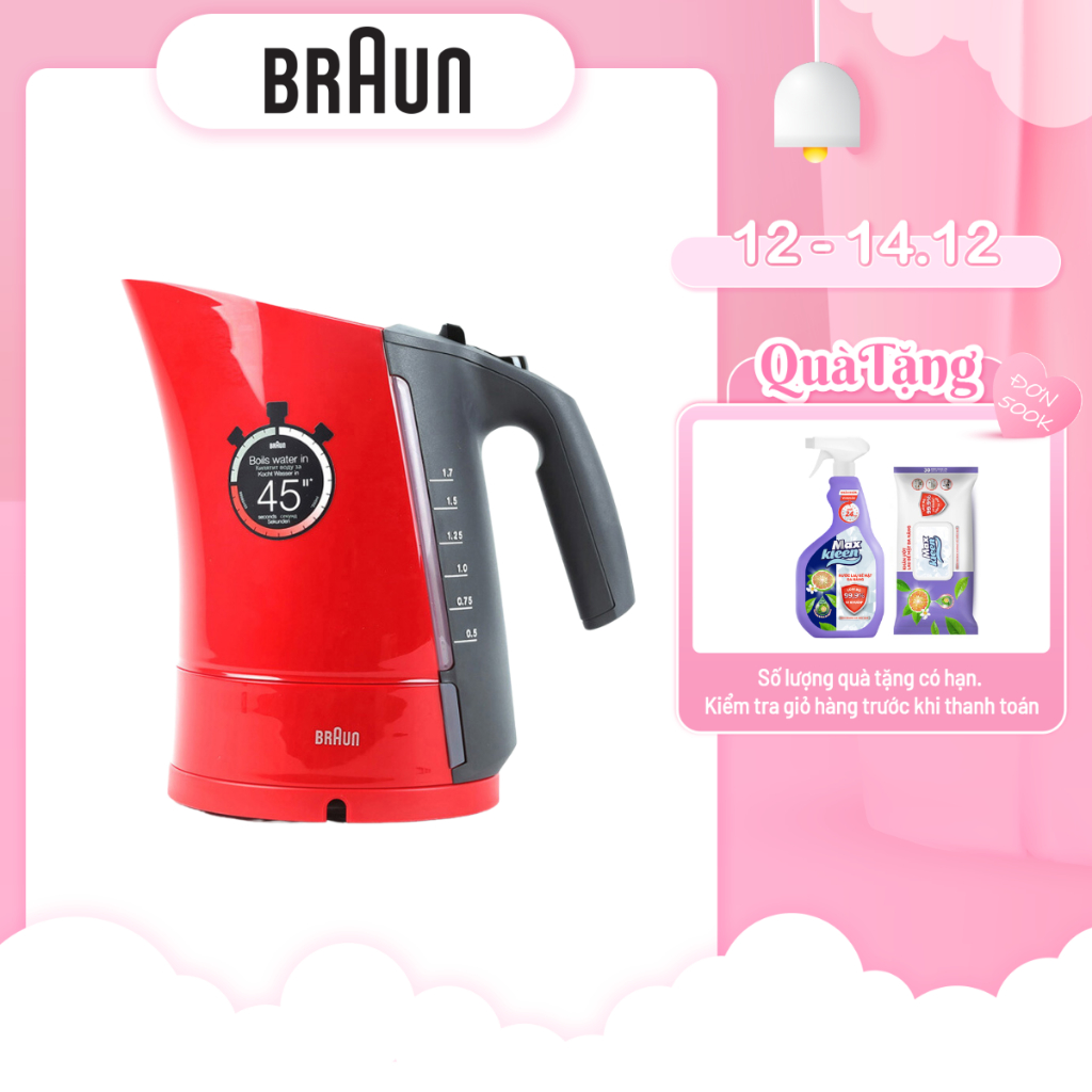 Ấm đun nước siêu tốc Braun WK300RD Sản xuất 100% tại Châu Âu Công suất 2200w, đun siêu tốc chỉ 45 giây, dung tích 1.7l