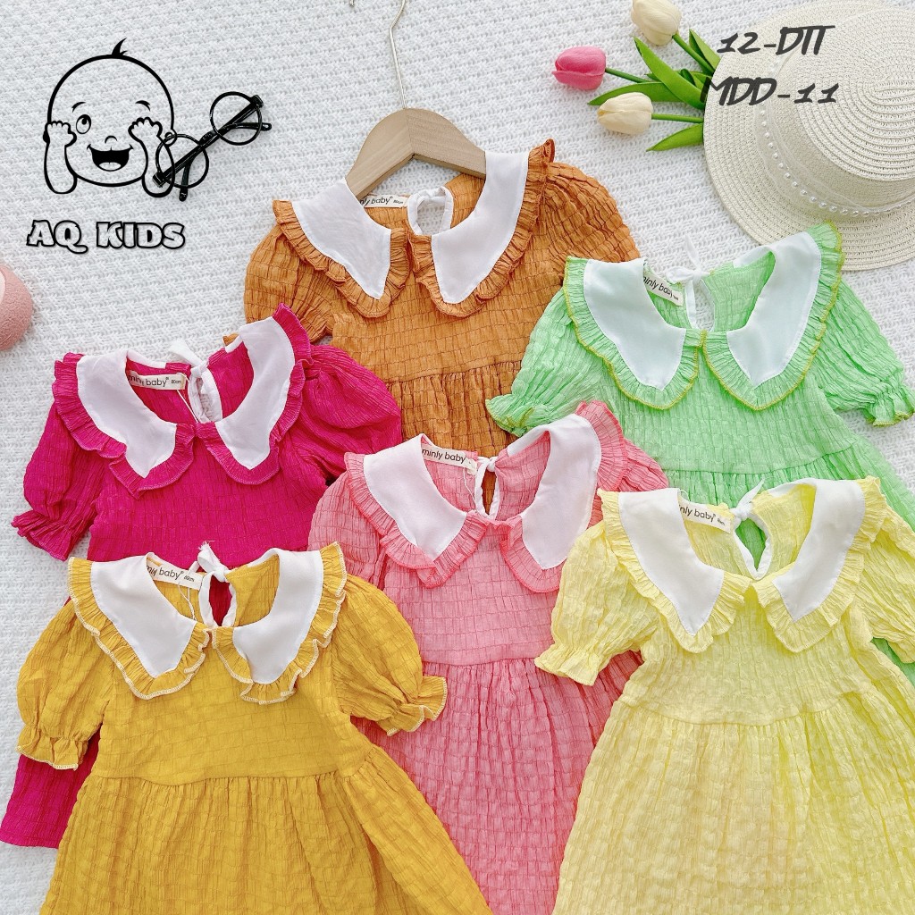 Đầm Tiểu Thư Bé Gái MINLYBABY Vải đũi Nhẹ Mát, Thiết Kế Cổ Bẻ & Tay Bó Chỉ Thun Gọn Gàng Unibaby DTT