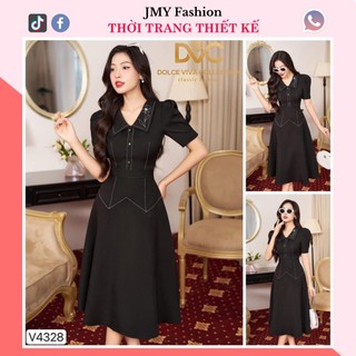 V4328 Váy đầm đen sơ mi dáng A xòe công sở [Dolce Viva Colection (DVC)] váy đen thêu hoa trắng nữ tính