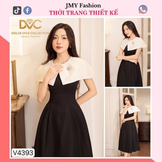 V4393 Váy đầm đen xòe choàng vai trắng sang chảnh [Dolce Viva Colection (DVC)] váy đen xòe phối cổ trắng tiểu thư