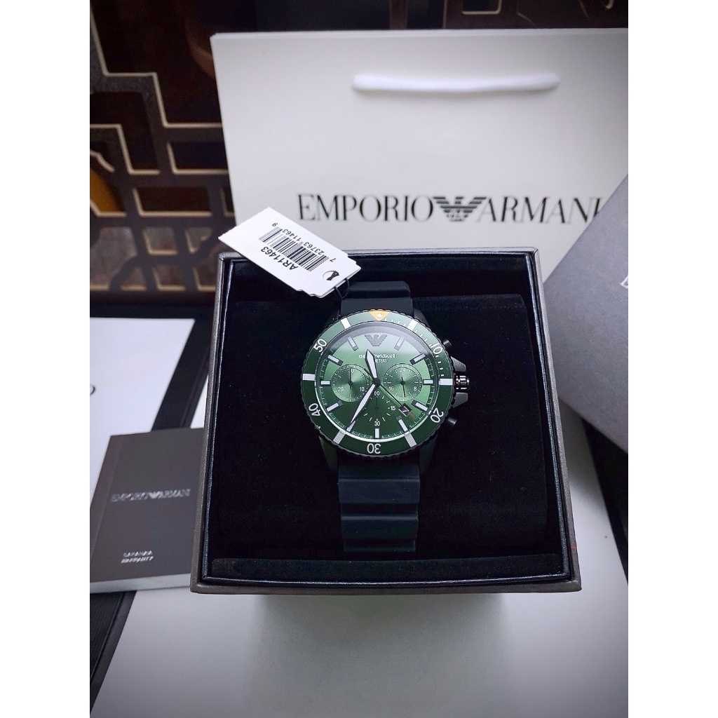 Đồng hồ nam Emporio Armani AR11463 Chronograph Black Silicone Watch 43mm, Authentic, Full box, Luxury Diamond Watch